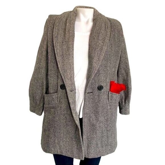 Herman Kay Vintage Pea Double Breasted Coat With Red Scarf Herringbone Tweed Siz - Picture 2 of 15